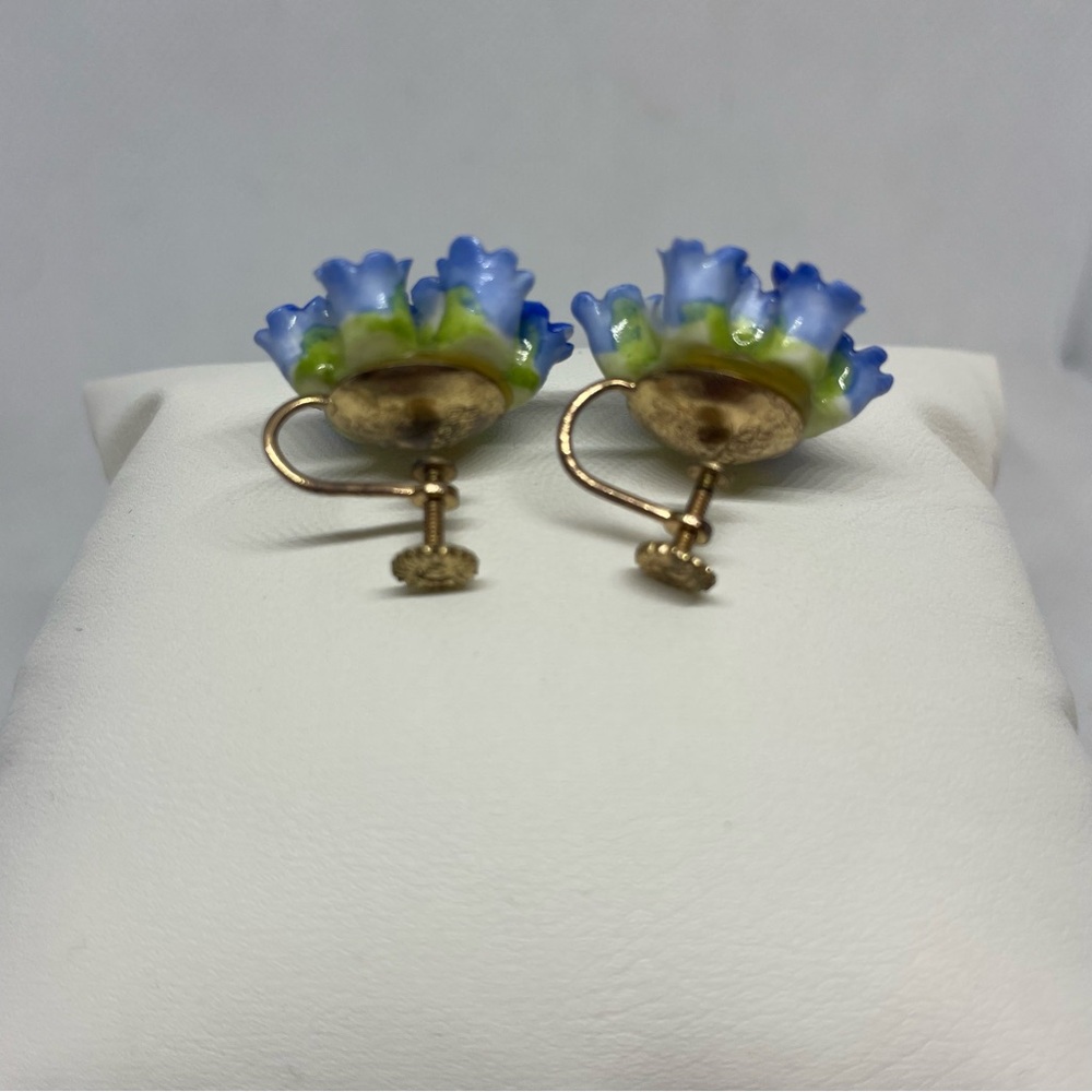 Vintage Denton England Bone China Cornflower Blue Hand Painted Earrings 1940s - Picture 4 of 6